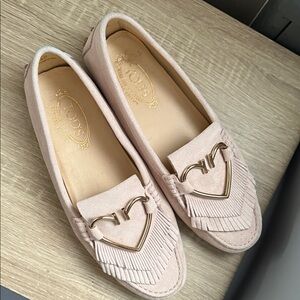 Tod's Blush Suede Loafers with Gold Accent